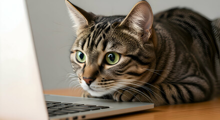 A focused tabby cat intently staring at a laptop screen with a wooden desk and gray background behind