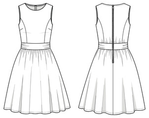 Sleeveless fit and flare dress flat sketch with wide waistband, gathered skirt, back zipper, front back view fashion template