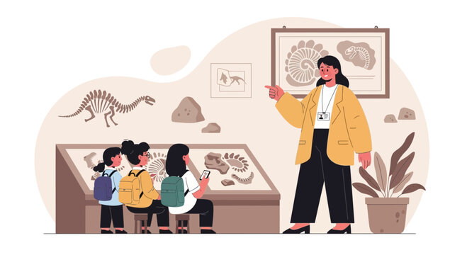 Educational Trip To The Paleontology Museum With Friendly Guide Teaching Children