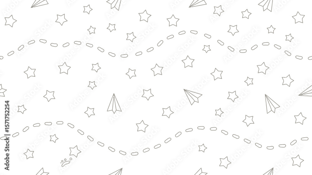 Poster a whimsical pattern featuring stars paper airplanes and dashed lines on a white background