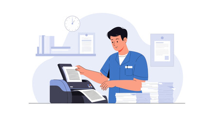 Man Duplicating Documents With A Multifunction Printer In An Office Scene