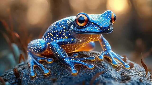 Detailed close-up of a blue frog with golden speckles on a rock.