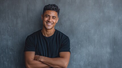 Happy smiling man leaning against grey wall. Portrait of proud mid man isolated on grey background. Young casual hispanic man against grey wall looking at camera., no logos, no brands
