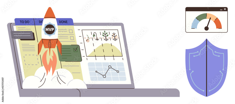 Aufkleber rocket bursting from laptop with mvp sign, analytics, workflow board, kpi gauge, and shield. ideal f