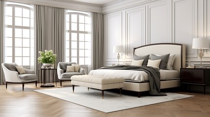 Neutral-toned modern classic bedroom with polished gray marble flooring, cream drapes, and classical molding details,