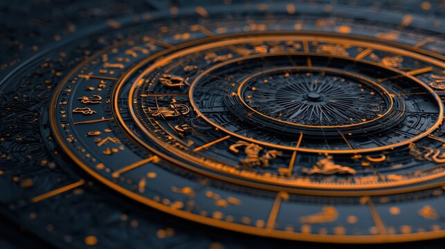 Abstract orange zodiac wheel background. Fortune telling and luck concept. 3D Rendering , no logos, no brands