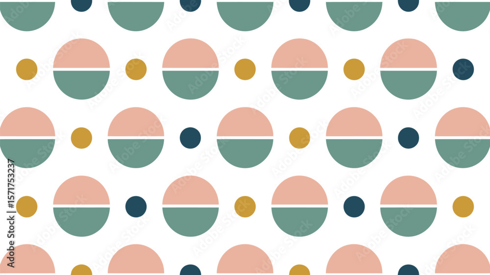 Poster geometric pattern with circles split in half and small dots on a white background