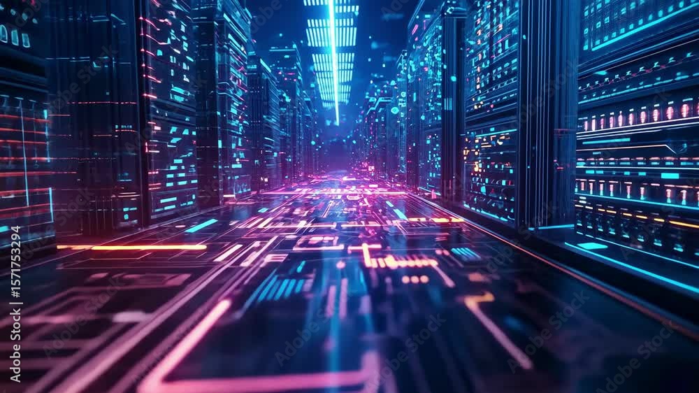 Poster futuristic data center with glowing neon lights and abstract shapes.