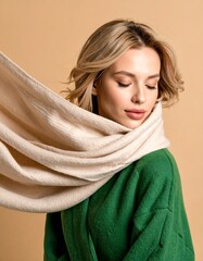 Woman Wearing Warm Scarf and Green Coat with Eyes Closed