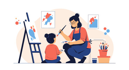 Captivating Artistic Moments Young Girl Learning From The Experienced Painter