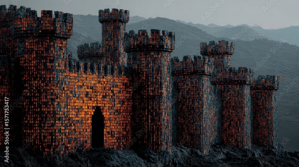 Poster a fortress made of binary code blocks for data protection
