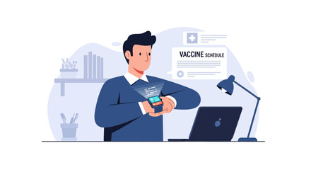 Fototapeta premium Man Schedules Vaccine Appointment Using Smartwatch Technology At Home Office