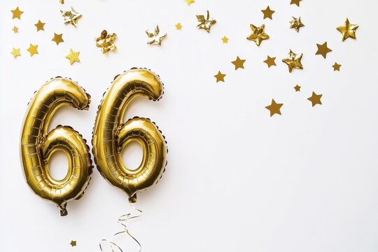 Golden 66 balloons with scattered stars on white background for celebratory occasions