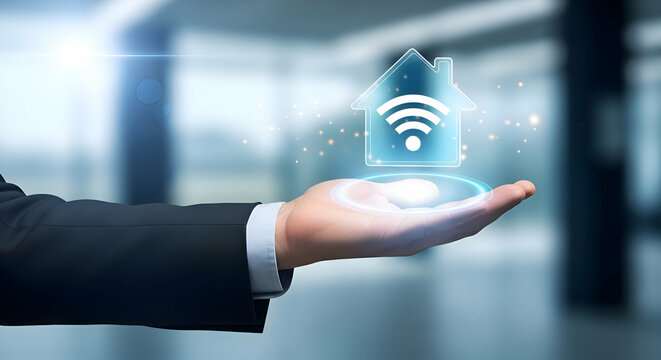 A hand holding a house icon with wifi symbol inside surrounded by a blue glowing circle and sparkles