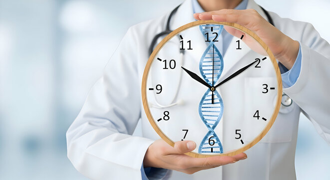 A doctor holding a clock with a dna strand in the middle symbolizing time sensitivity in healthcare
