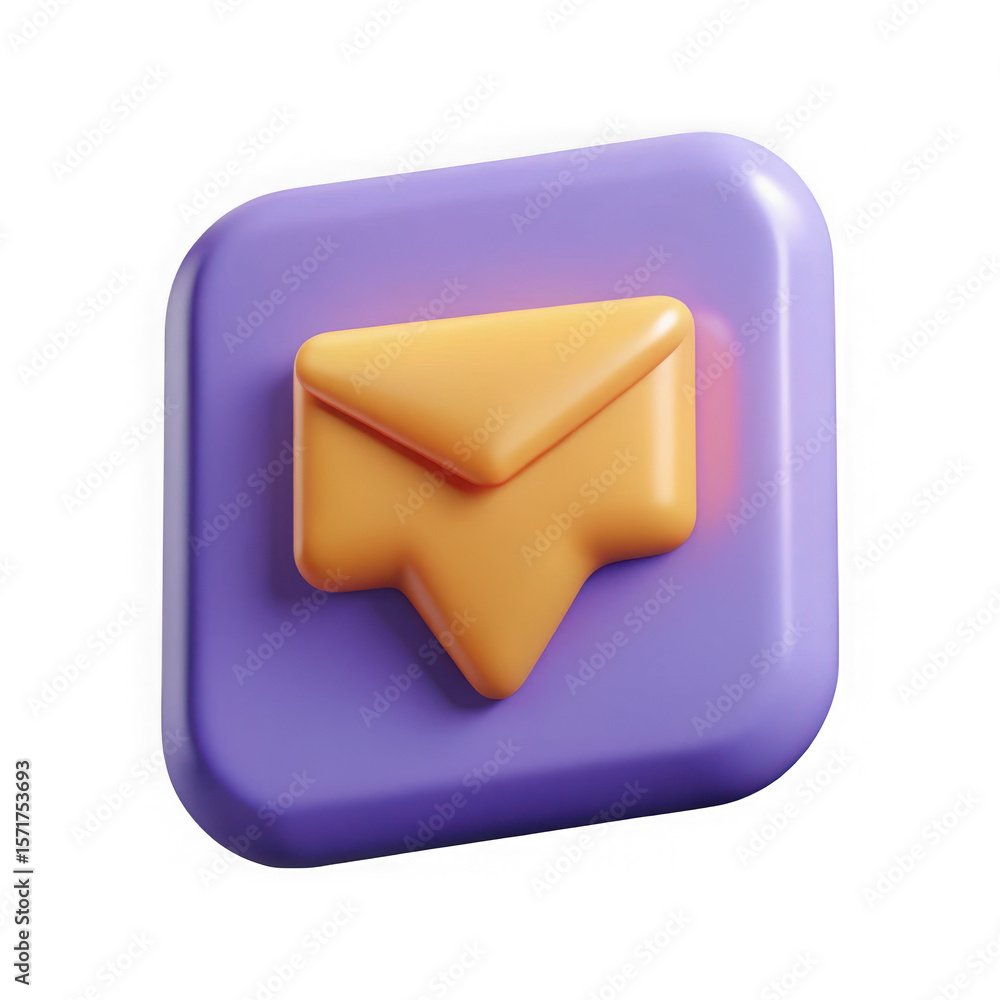 Poster 3d render of a yellow envelope icon inside a purple rounded square speech bubble isolated on transpa