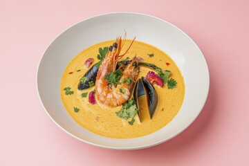 Delicious shrimp and mussel curry in creamy sauce on elegant pink background