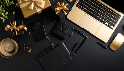Workspace Still Life with Gifts, Coffee, and Gold Accents on Dark Surface