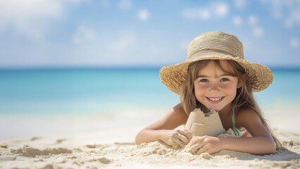 Joyful child building sandcastle on a bright sunny beach day