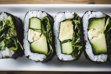 Vegan sushi rolls with fresh cucumber and avocado on a white plate