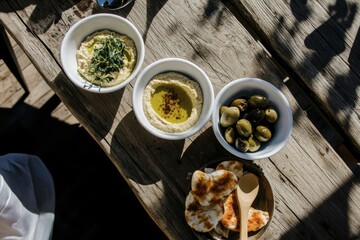 Mediterranean mezze with hummus, olives, and pita on rustic wooden table