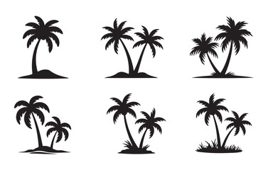 Fototapeta premium Black palm trees on white background tropical island silhouettes beach