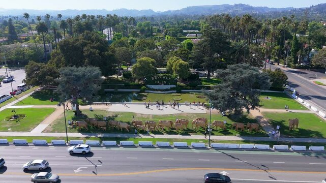 Beverly Hills sign and public art installation static aerial view July 2025