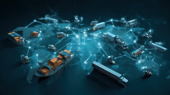 Distribution and logistics concept of global digital internet marketing and business e-commerce banner graphic concept showing global network and social media connection technology. Generative AI