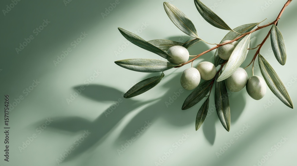 Poster elegant olive branch on sage green background with soft light and shadow