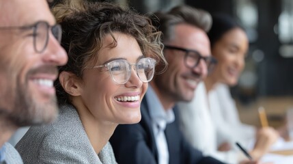 Beautiful group of business people smiling and laughing while taking notes at the meeting, all wearing stylish eyeglasses and looking attentively at the speaker.
