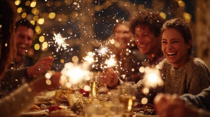holidays, celebration and people concept - happy friends with sparklers having christmas dinner at home, no logos, no brands