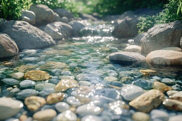 Fototapeta premium Clear stream flows through rocks and lush greenery, glistening in the sunlight, creating a serene and natural scene.