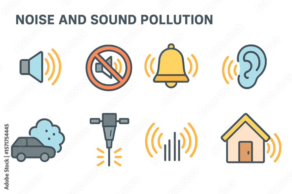 Poster loud sound and echo vector linear icon set, noise and sound pollution line icons