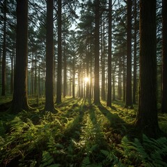 Obraz premium High-resolution nature scene featuring a tranquil forest at sunrise, with sunlight filtering through tall trees, casting a golden glow on the lush moss and ferns, creating a serene and peaceful atmosp