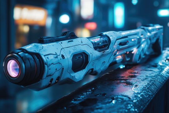 A futuristic white sci-fi weapon with intricate details sits on a reflective surface, set against a blurred cityscape background.
