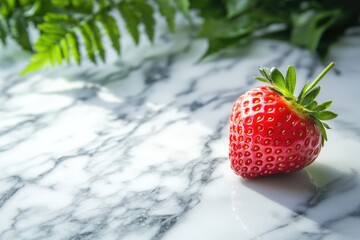 A vibrant red strawberry rests on a white marble surface with green leaves in the background, bathed in soft light.