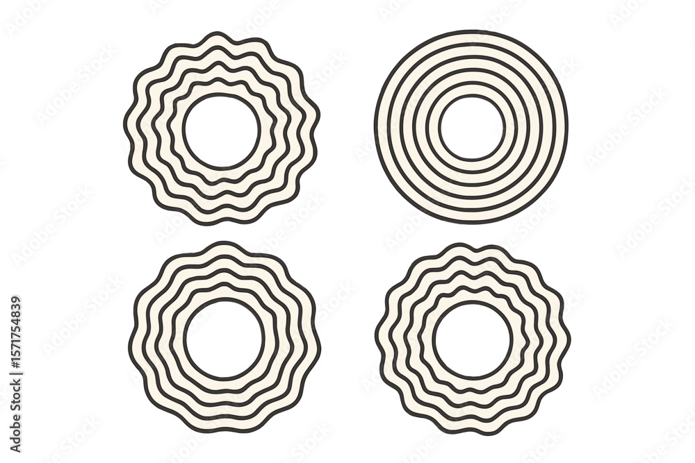 Poster vector illustration of round sound wave frames, circular lines pattern, radial curvy shapes, and geo