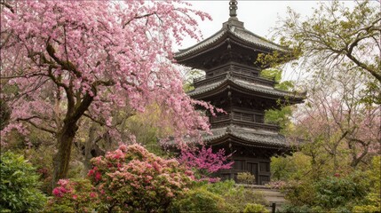 Fototapeta premium Cherry blossoms and pagoda
