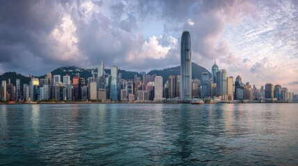 Obraz premium Hong Kong, China skyline panorama from across Victoria Harbor., no logos, no brands