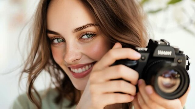 Beautiful young woman with camera. Professional photographer, digital nomad, freelancer at work