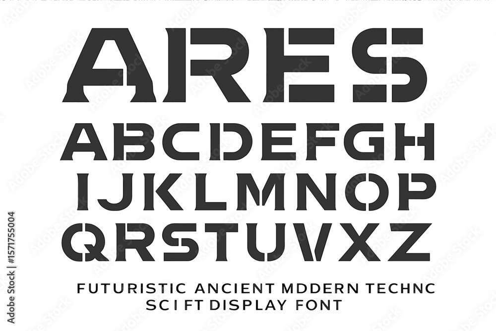 Poster a futuristic and modern sci-fi display font featuring an abstract geometric stencil design with an e