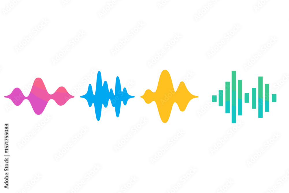 Poster vector audio electronic color wave set, music wave hud interface elements, voice graph signal, sound