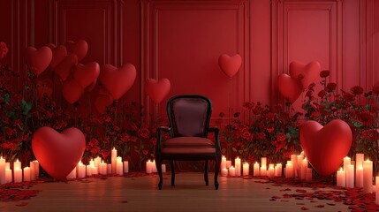 Candlelit room with heart-shaped balloons and roses, perfect for Valentine's Day, isolated on a vibrant red background.