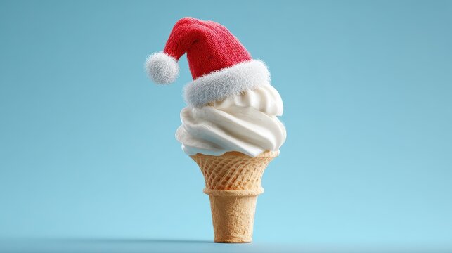 Santa Claus ice cream on light blue background. Santa Claus red hat on soft serve vanilla ice cream in crispy cone. Christmas holiday concept, new year party or special event