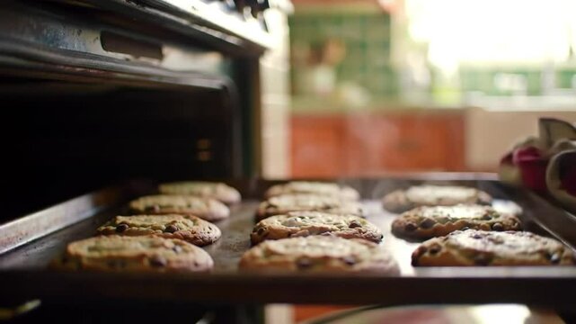 A person pulling a tray of freshly baked chocolate chip cookies out of the oven with oven mitts