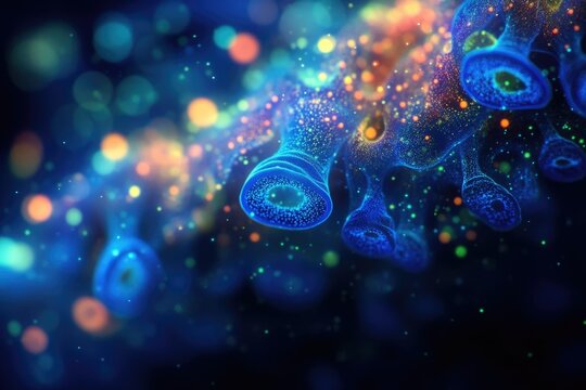 Abstract rendering of a virus cell with glowing particles on a dark blue background.