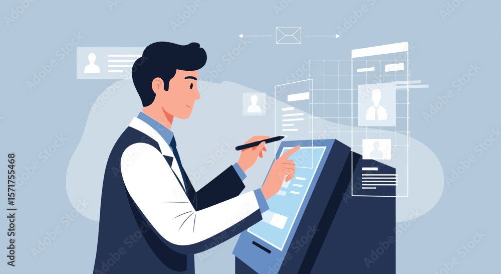 Poster scientist interacting with digital interface and virtual information display