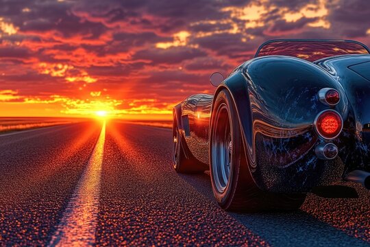 Fototapeta A classic black convertible speeds down an empty road toward a vibrant, fiery sunset painting the sky.