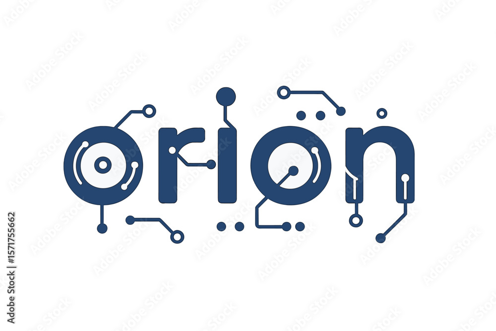 Poster orion, an abstract technology science alphabet in lowercase font, presented as a digital space typog