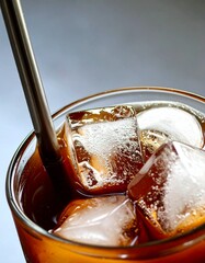 A close-up of a glass containing a dark liquid, likely iced coffee, with chunks of ice cubes...